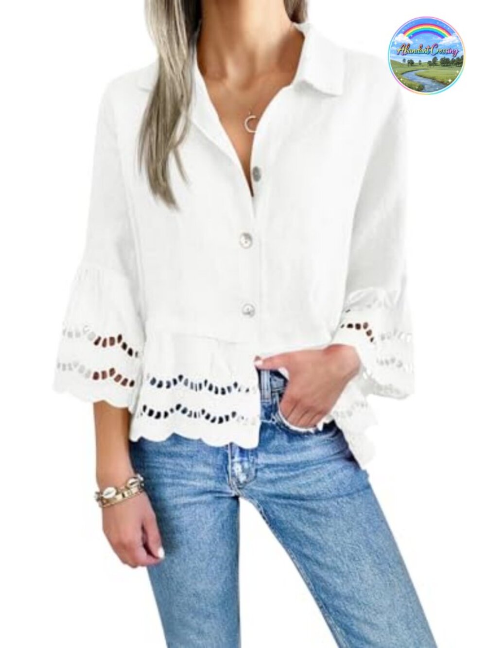 Women's 3/4 Bell Sleeve Button Down Blouse V-Neck Hollow Out Top